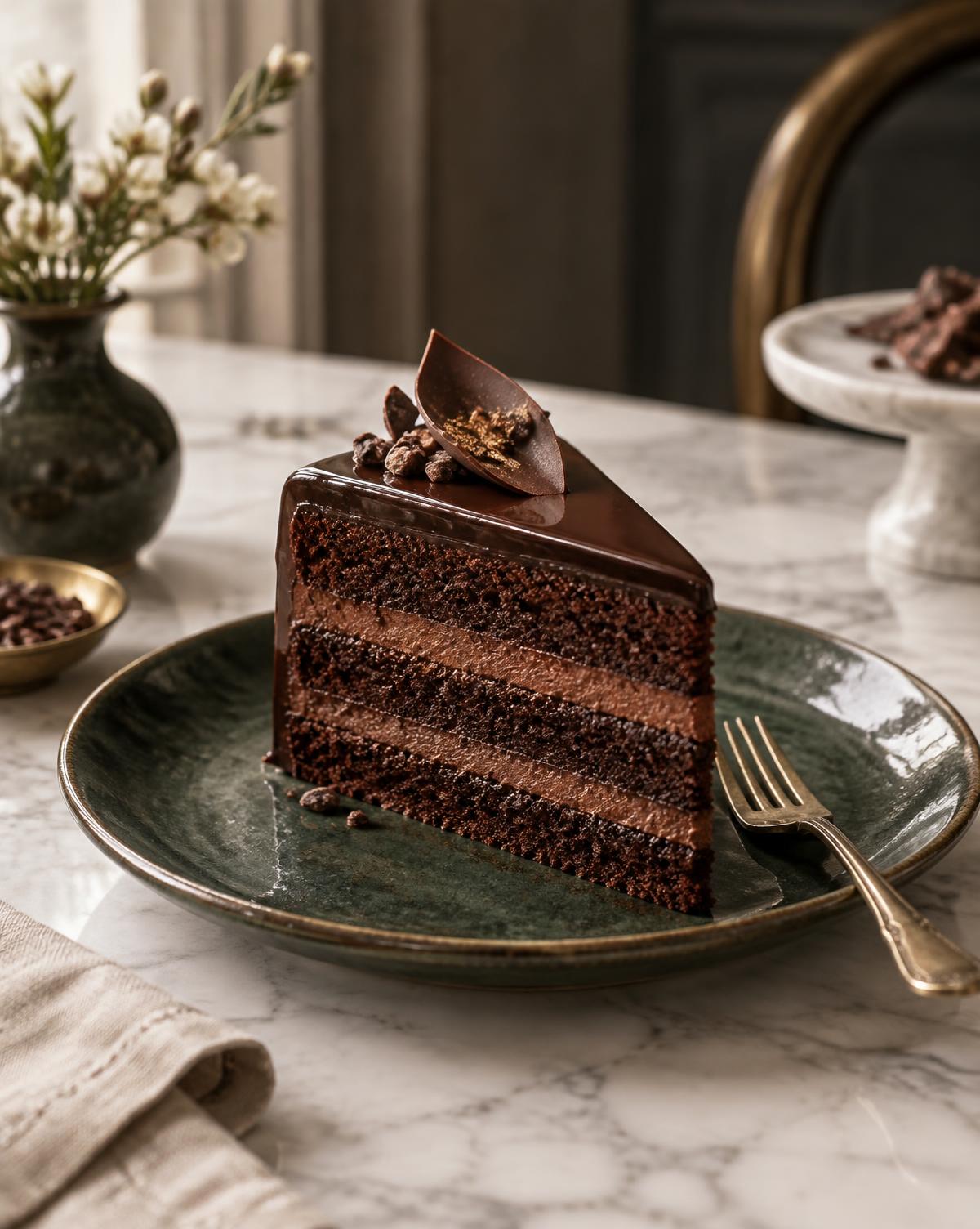 Chocolate layer cake on a dark green plate