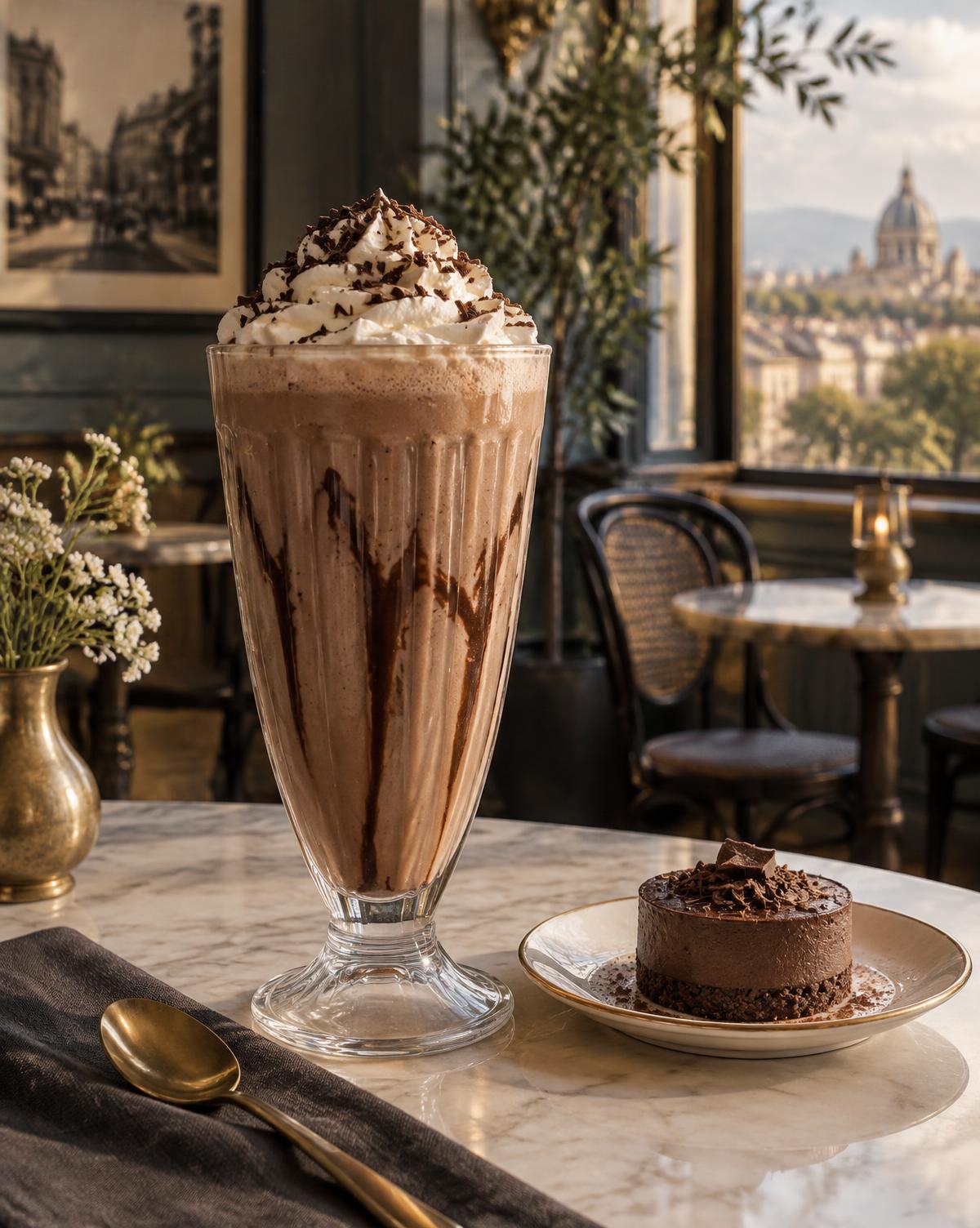 Chocolate milkshake with a small chocolate dessert