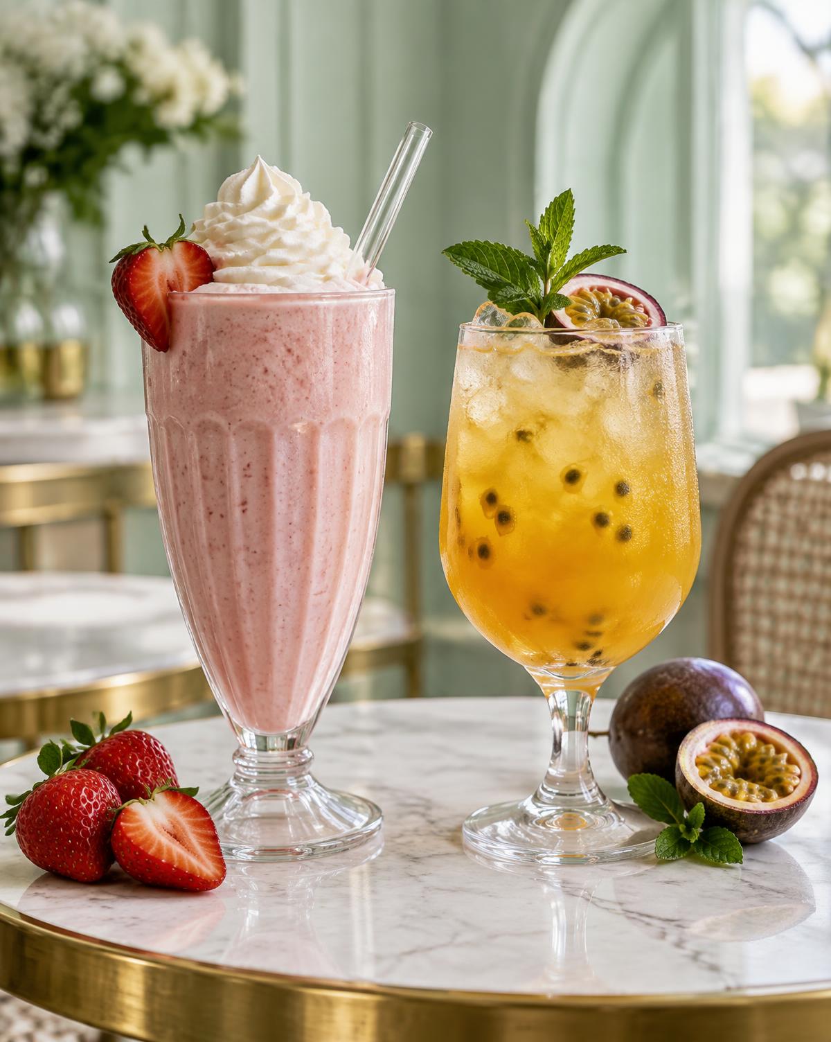 Strawberry milkshake and passion fruit cooler