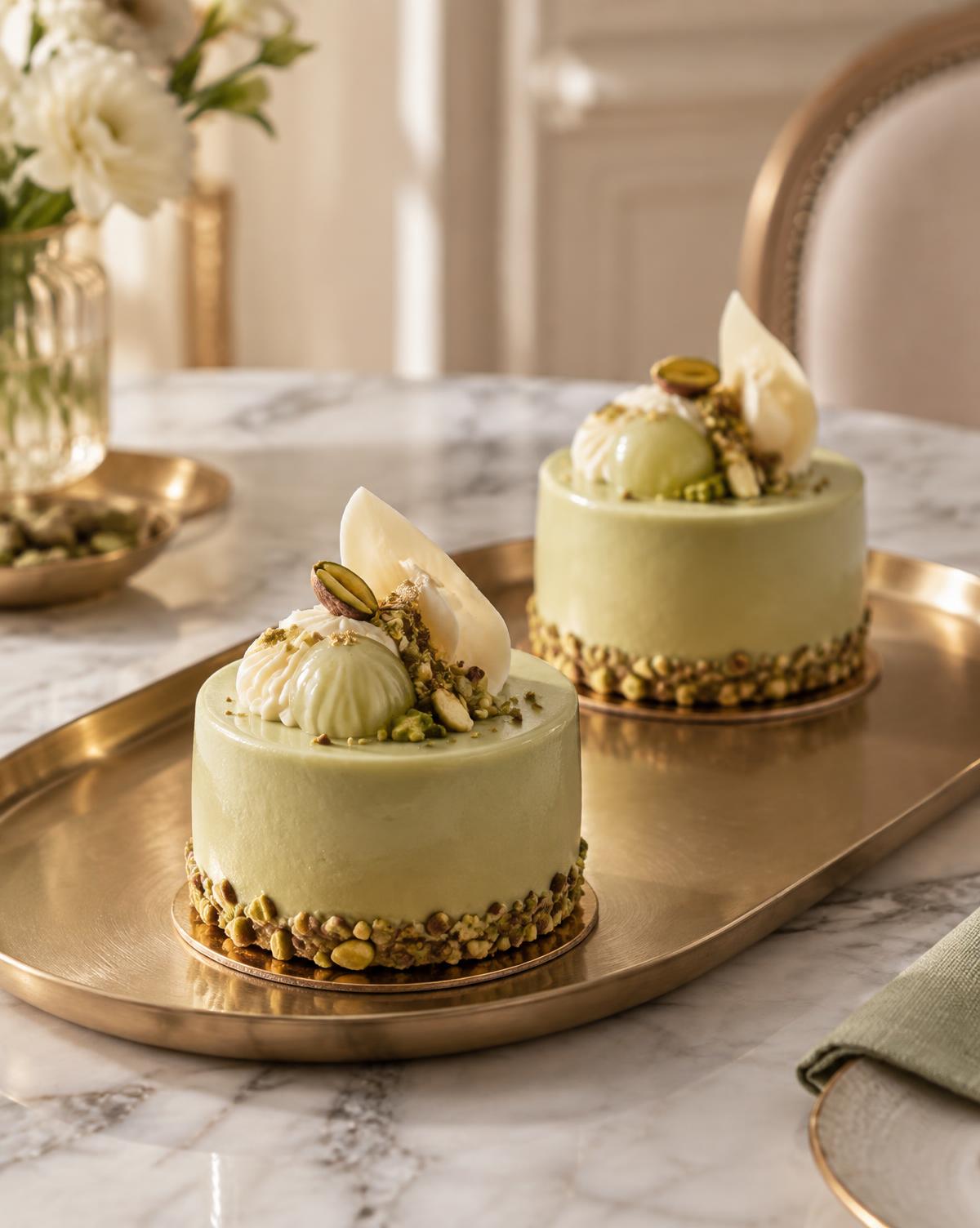 Pistachio and vanilla individual cakes